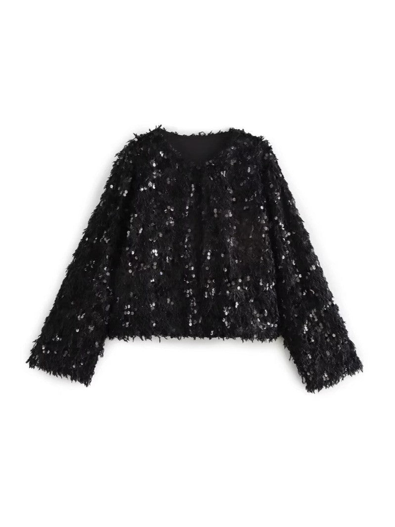 Dam Kort Jacka Gjord av Fluffy Konstpäls med Sequin Kant