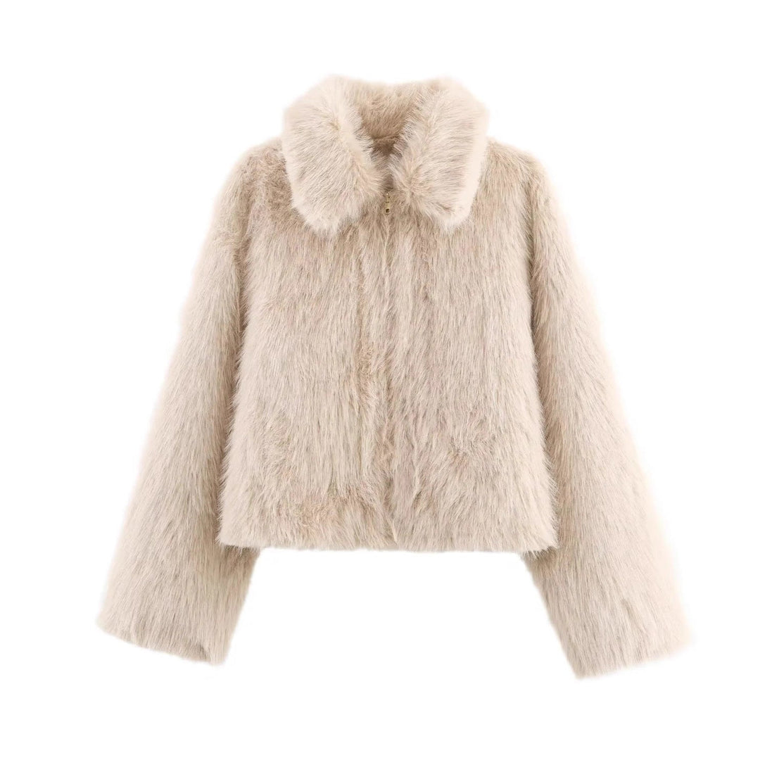 Dam cropped faux pälsjacka i en voluminous lapel krage