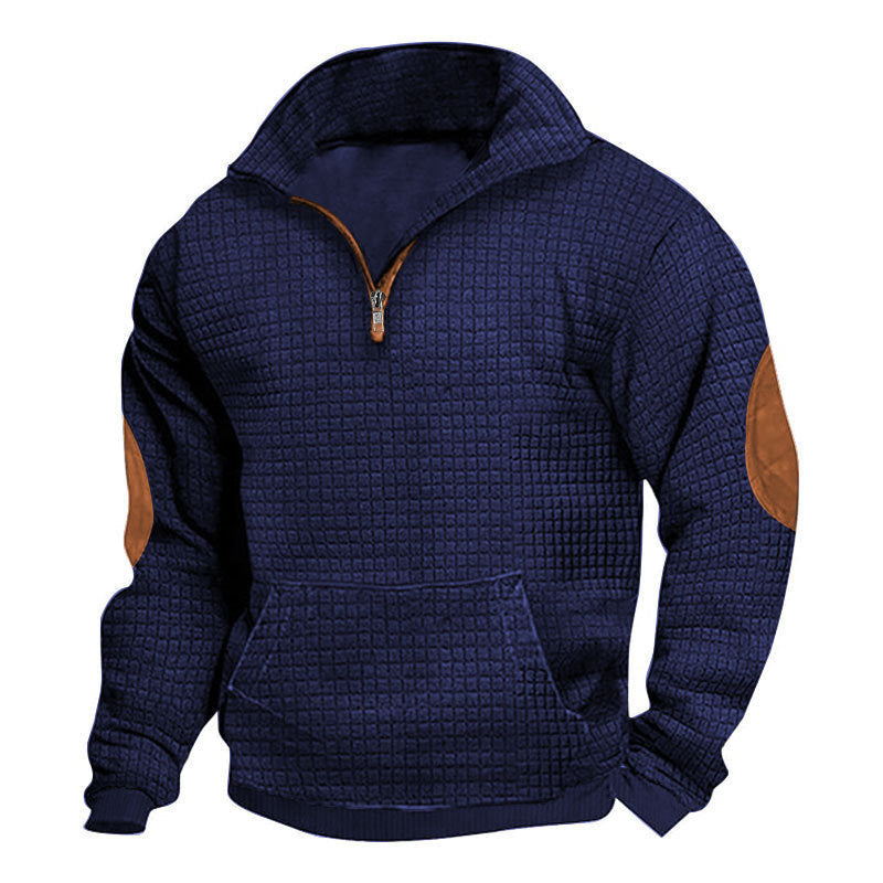 Herr Thermo-Regulating Waffle Stickad Halv Dragkedja Pullover med Känguruficka och Konstläder Elbow Lappar