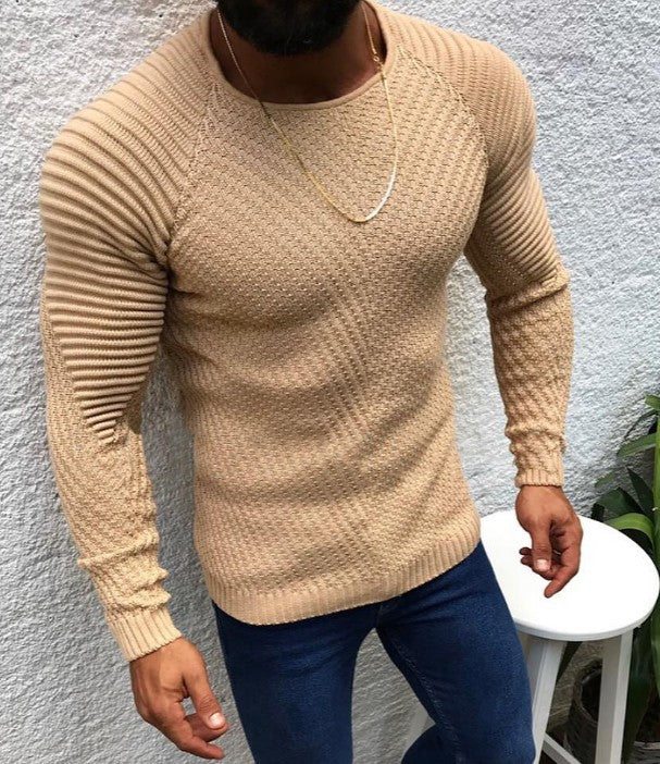 Herr Strukturerad Smal-Passform Raglan Tröja Gjord av Fin Ribbad och Waffle Stickad