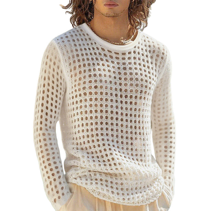 Herr Airy Openwork Stickad Tröja med Square Mesh Mönster och Crew Neck