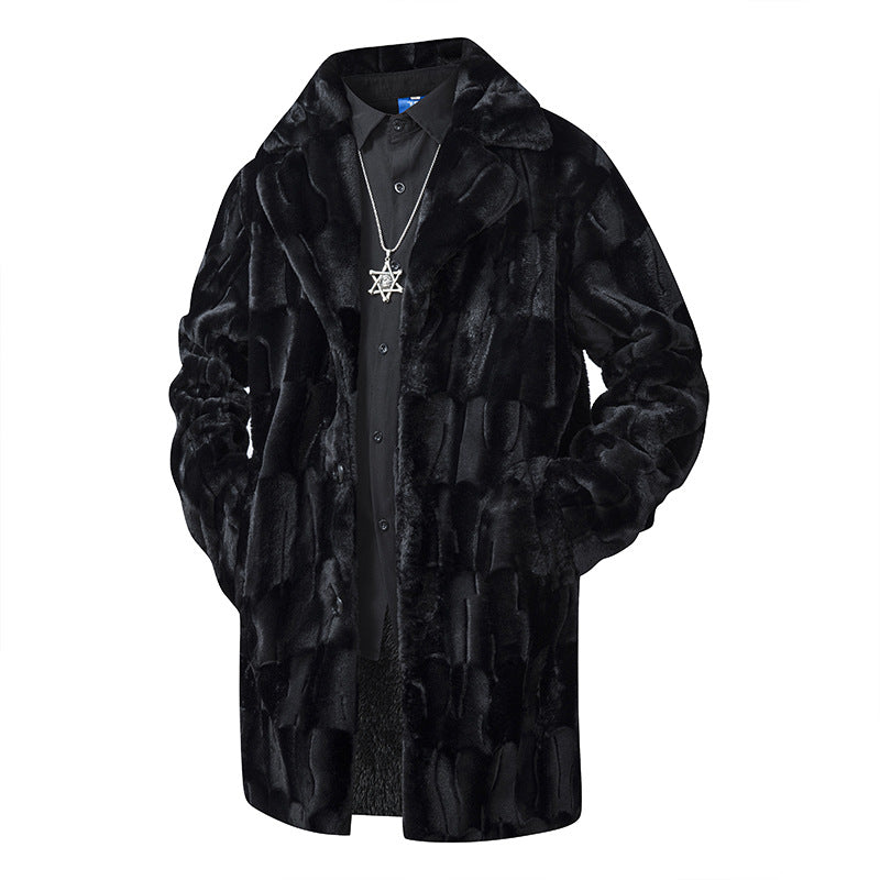 Herr Luxurious Lång Imitation Päls Kappa med Slagkrage och Mjuk Drape