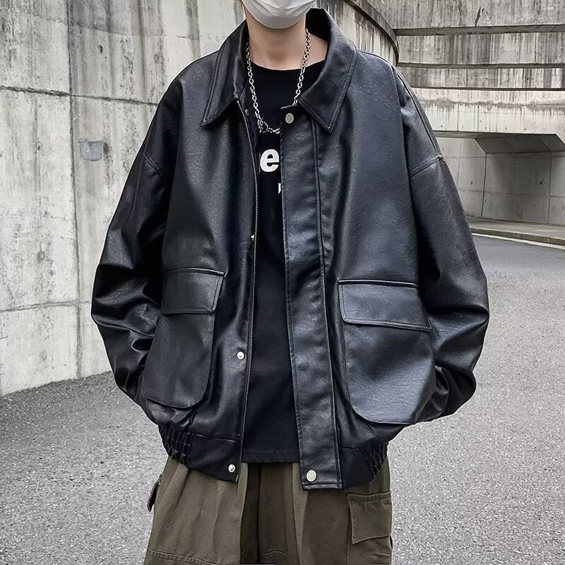 Herr Boxy Överskjorta i Läder Look med Skjorta Krage och Patch Breast Fickor