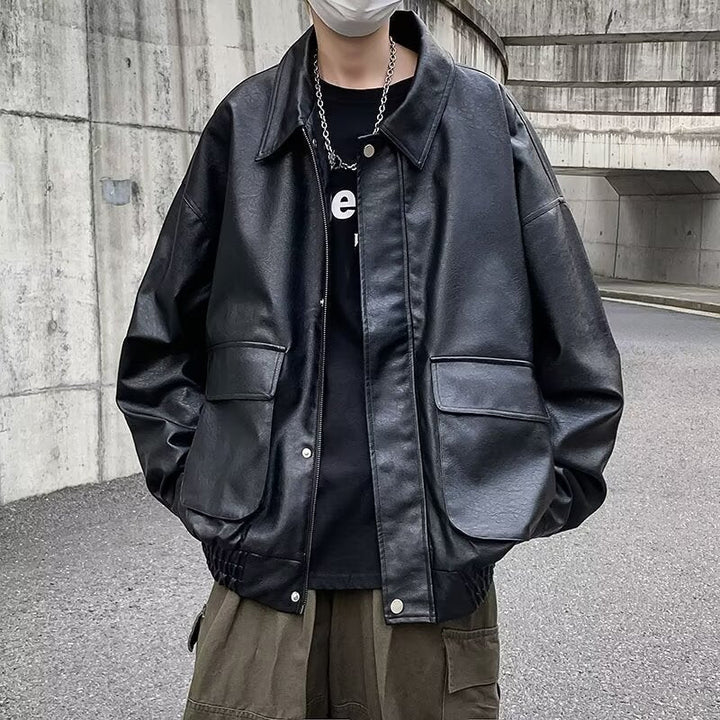 Herr Boxy Överskjorta i Läder Look med Skjorta Krage och Patch Breast Fickor