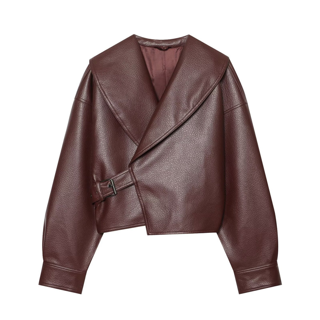 Dam Kort Faux Läder Blouson med Stora Shawl Krage och Waistband