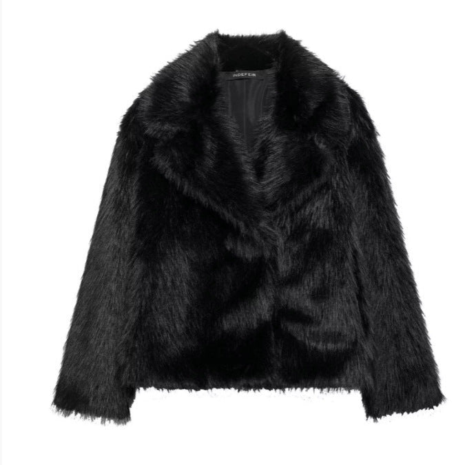 Dam 100+ Kort Faux Fur Jacka med Lapel Krage, Mjuk Teddy Fur och Dold Tryckknapp Knapp Knäppning