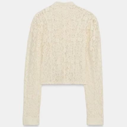 Dam Kort Lace Jacka i Military Look med Stå Krage och Dekorativ Knapp Knäppning