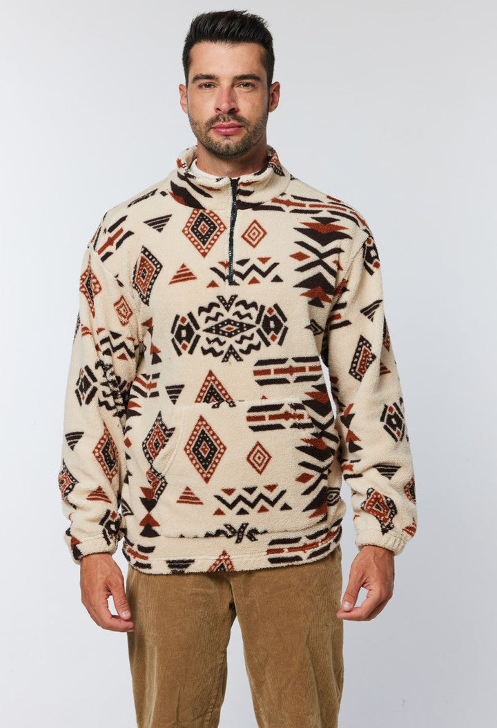 Herr Bekväm Fleece Pullover med Halv Dragkedja och Geometrisk Mönster