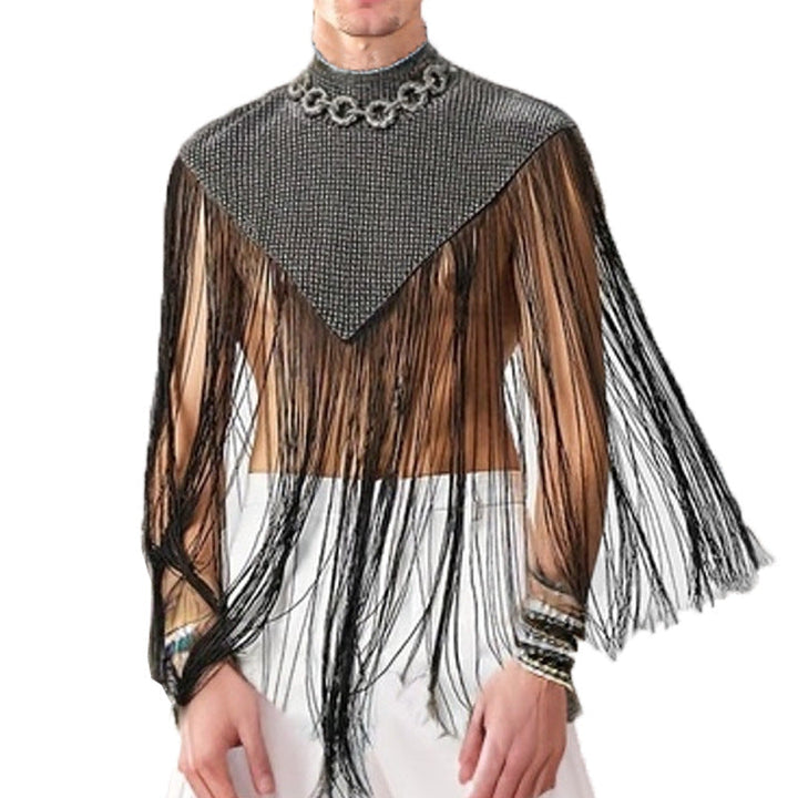 Dam Lång Fringed Cape med Turtleneck och V-Shaped Insert