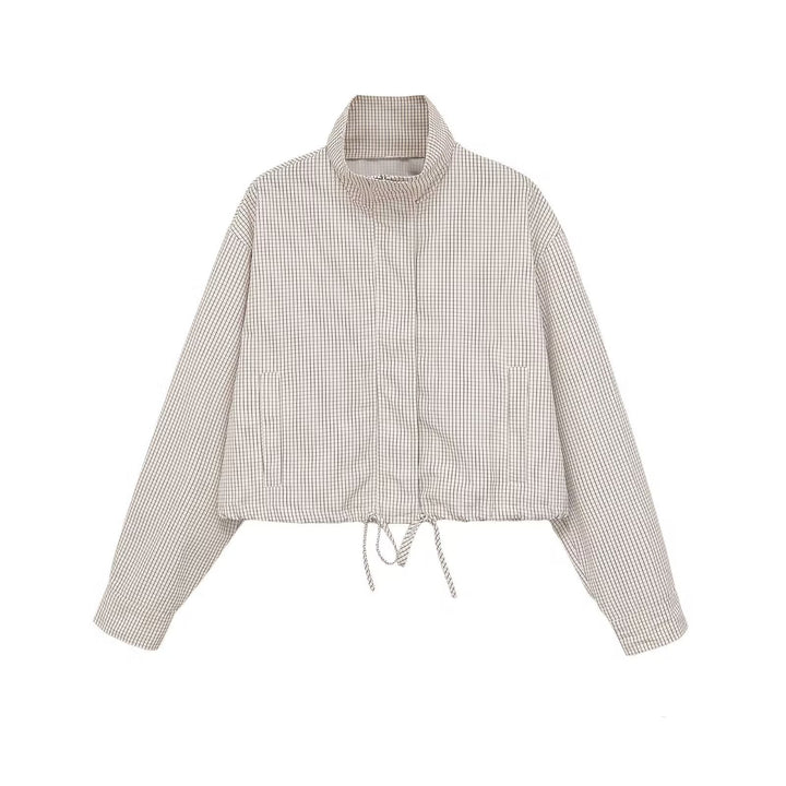 Dam Checked Kort Jacka med Stå Krage, Drawstring och Dold Dragkedja