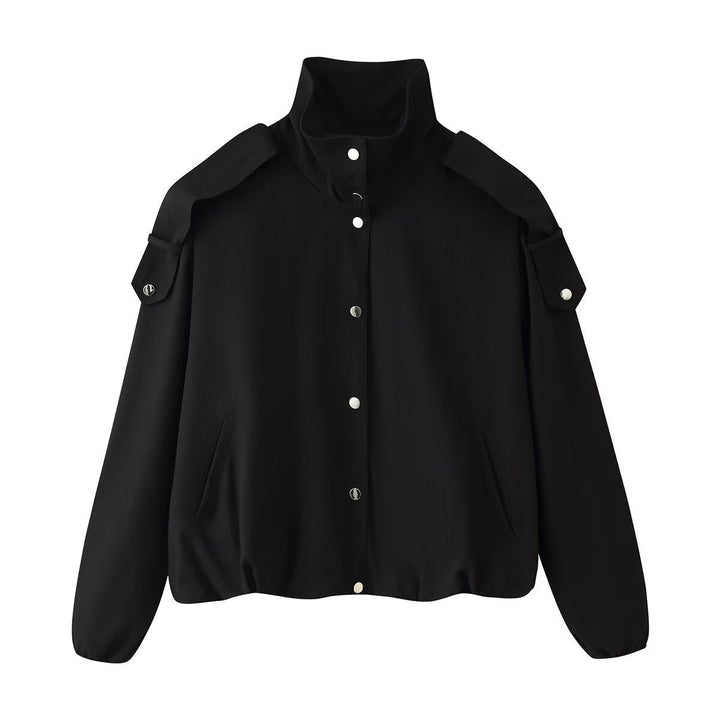 Dam Kort Jacka med Hög Stå Krage, Shoulder Pads och Tryckknapp Knapp Knäppning