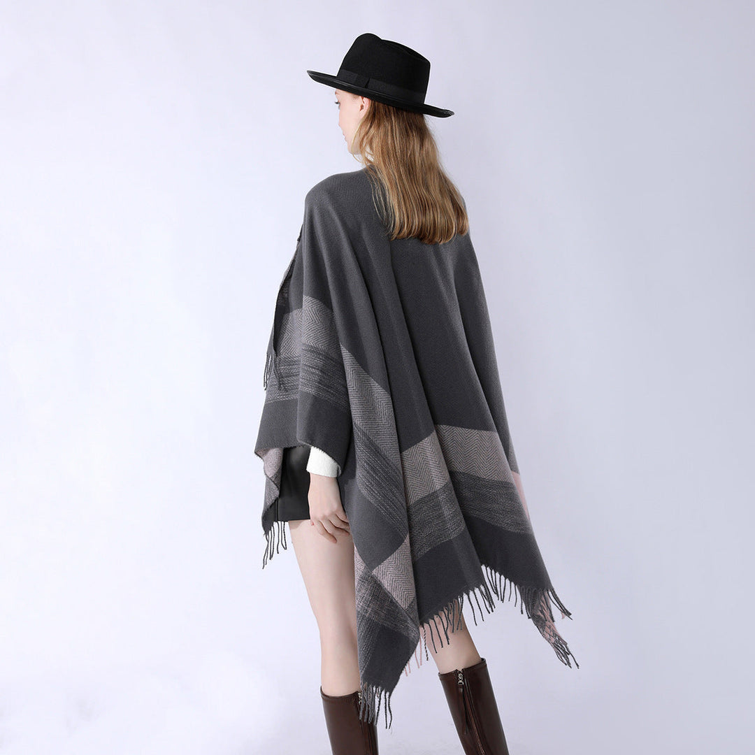 Dam lätt ullblandning kimono skärning Overlay med Herringbone kant och fransfåll