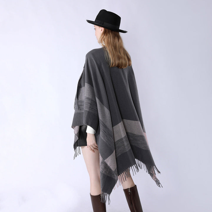Dam lätt ullblandning kimono skärning Overlay med Herringbone kant och fransfåll