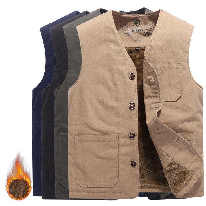 Herr Sleeveless Canvas Teddy Väst med Warming Fleecefoder och Utanpåfickor