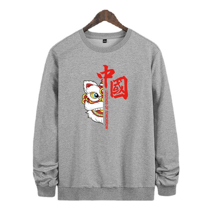 Herr College-Tröja med Traditional Lion Dance Motif och Round Neckline