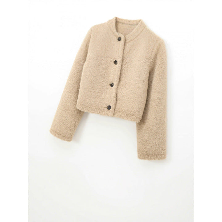 Dam kort teddy jacka med Straight fåll, Round Neck och Horn knapp stängning