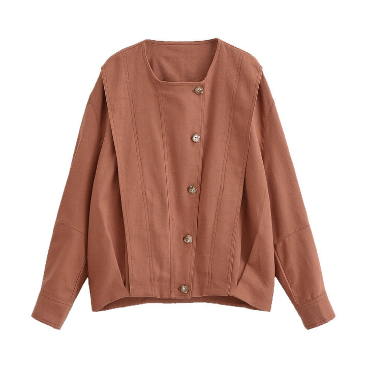 Dam Boxig Övergångsjacka med Round Neck, Decorative Stitching och Visible Knapplist