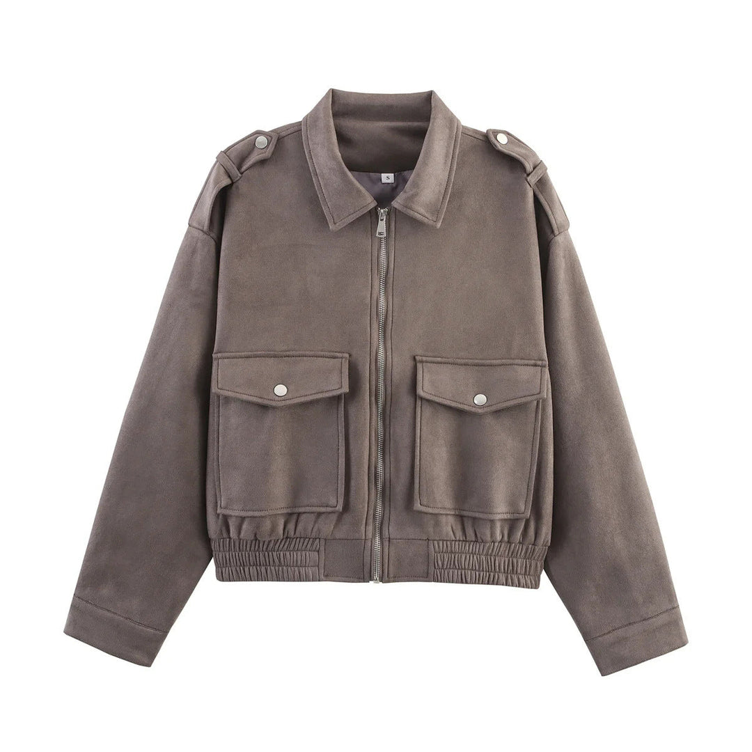 Dam cropped utility jacka med axel epaulettes, applied flap fickor, och elastisk fåll