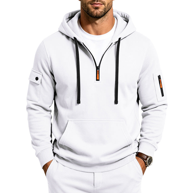 Herr Utility Halv Dragkedja med Huva Pullover med Ärm Fickor och Känguruficka