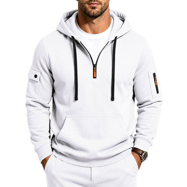 Herr Utility Halv Dragkedja med Huva Pullover med Ärm Fickor och Känguruficka