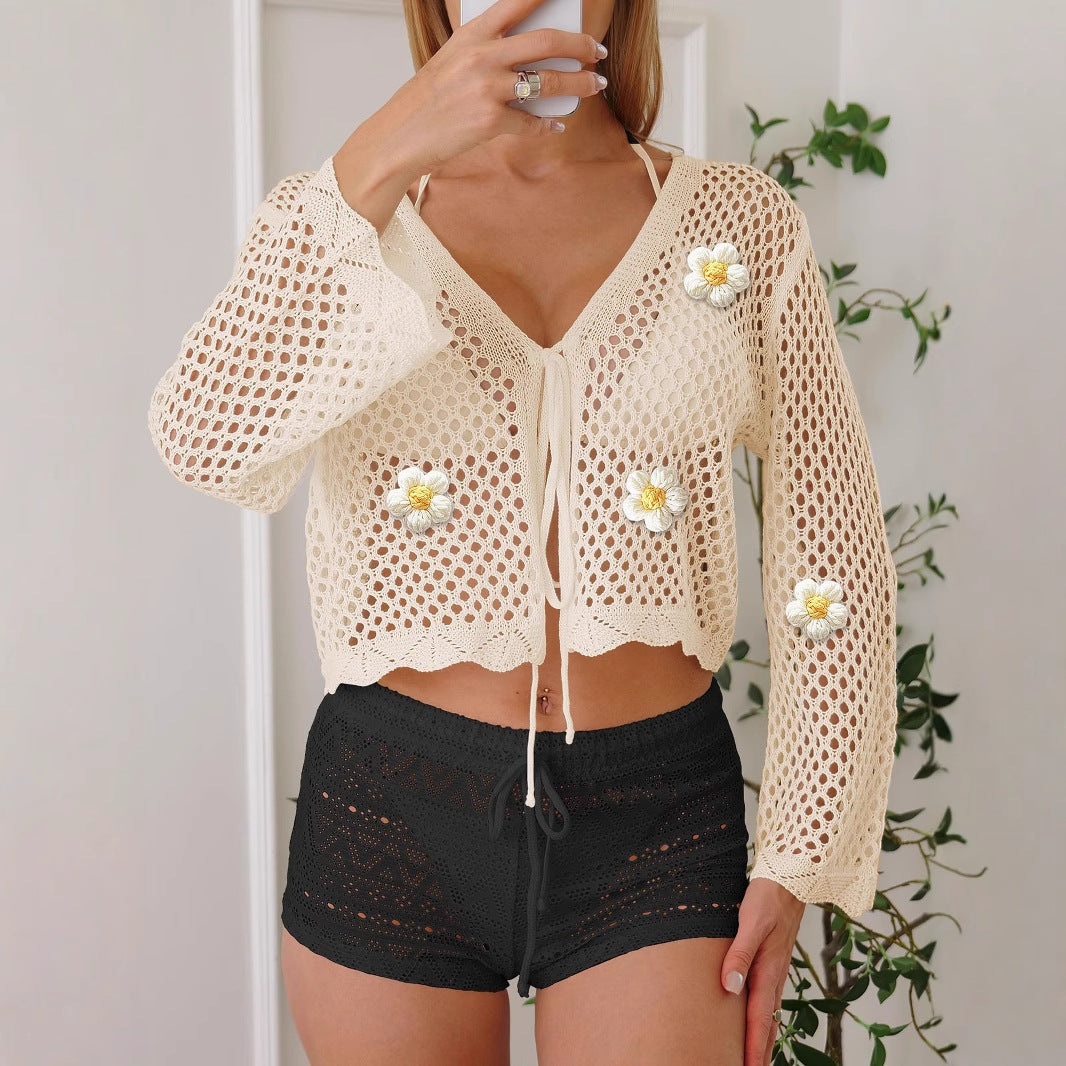 Dam lätt virkad jacka med floral detail