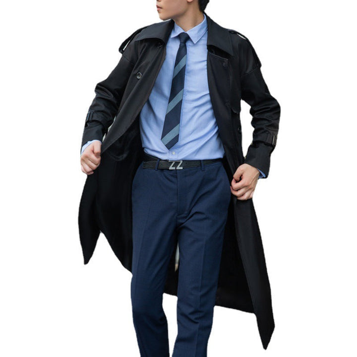 Herr Elegant Lång Trench Kappa med Tie Bälte och Bak Yoke