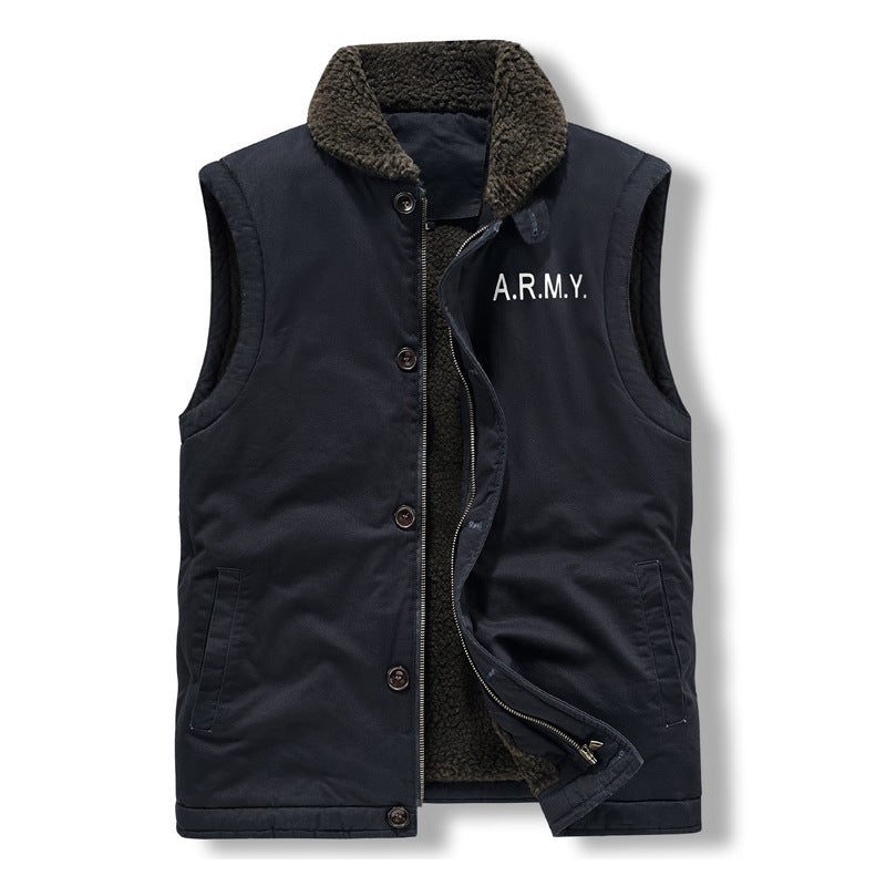 Herr Sleeveless Termisk Väst i Militär Stil med Teddyfoder och Stående Krage