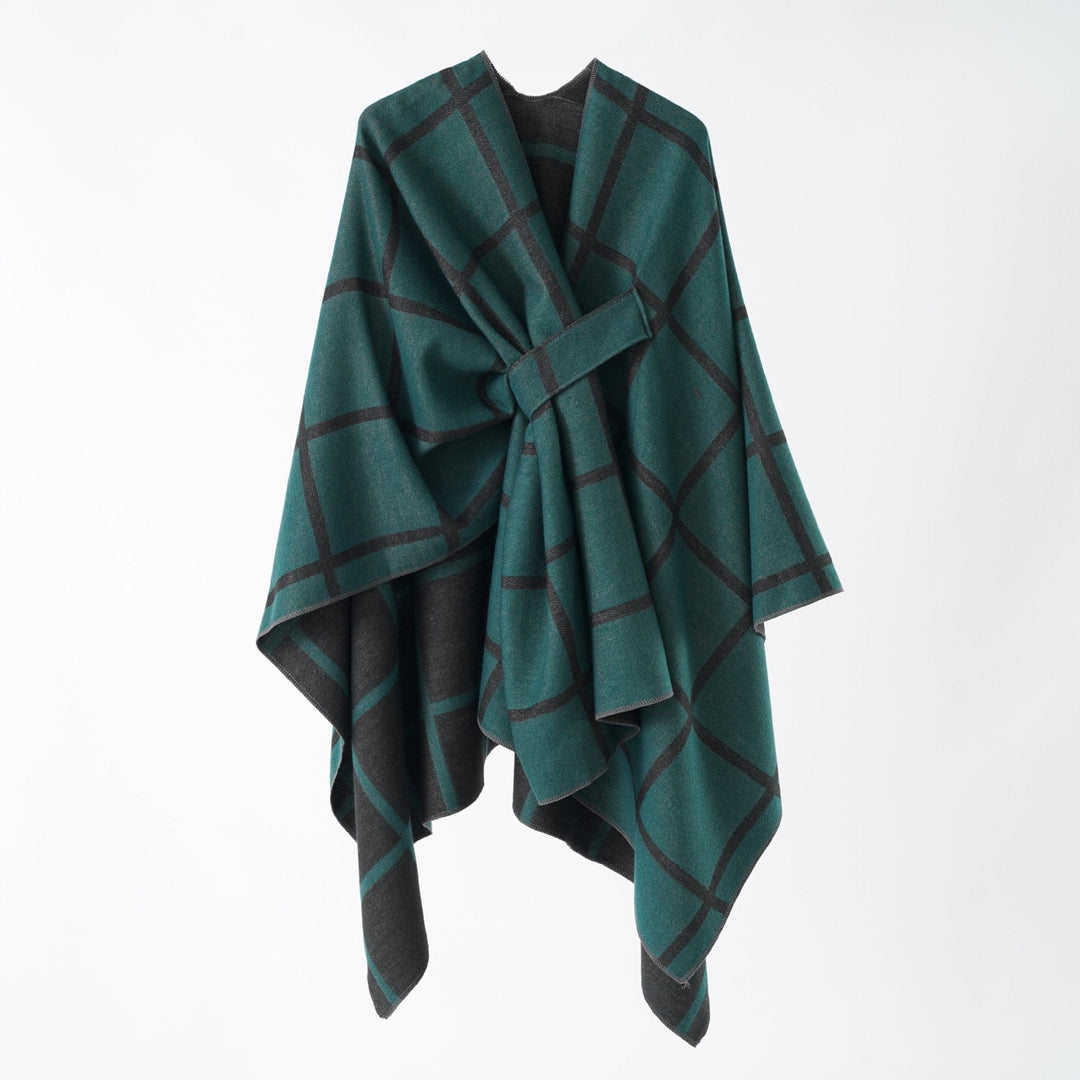 Dam Oversize ullblandning poncho med bälte och Check mönster