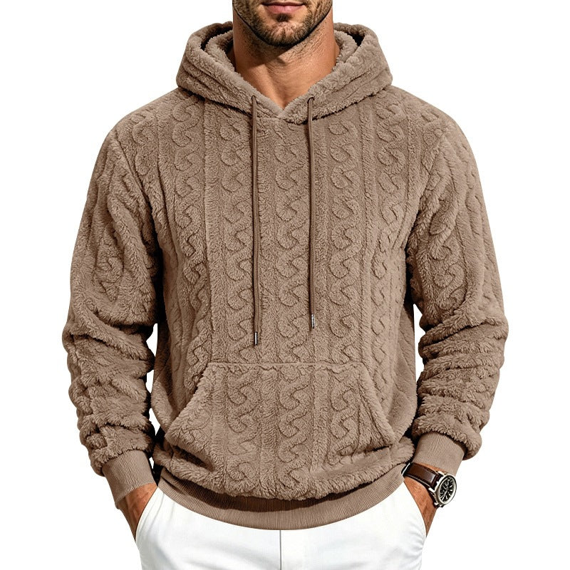 Herr Mysig Teddy Fleece Luvtröja med Cable Mönster och Känguruficka
