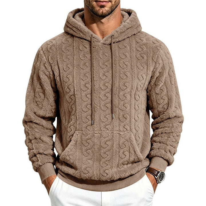Herr Mysig Teddy Fleece Luvtröja med Cable Mönster och Känguruficka