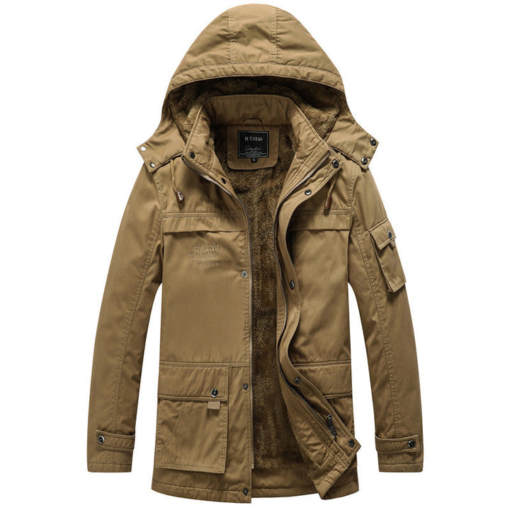 Herr Canvas Militär Parka med Teddyfoder, Huva, och Multifunctional Fickor