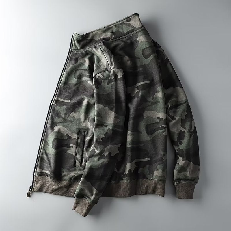 Herr Kamouflage Bomull Fleece Zip Jacka med Ståkrage och Ribbad Muddar
