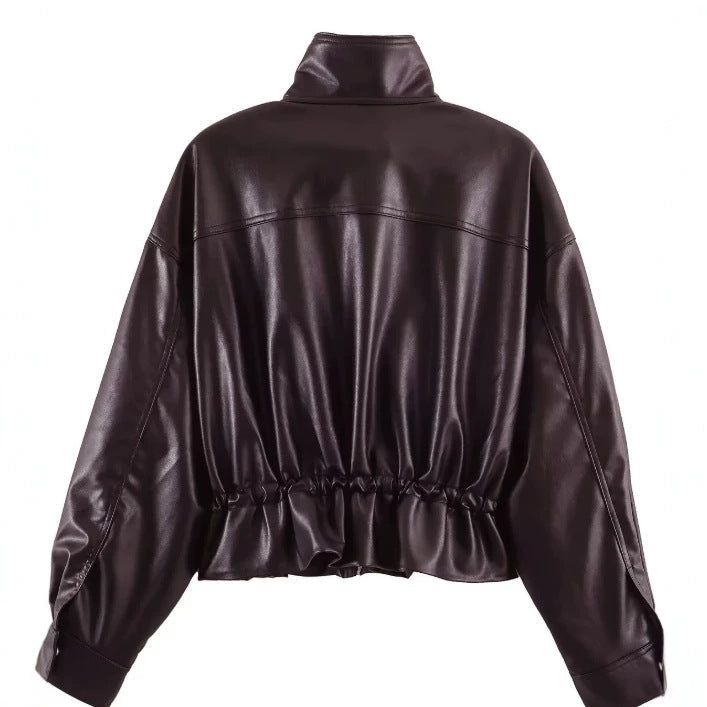 Dam Kort Faux Läder Blouson med Stå Krage, Lock Fickor och Drawstring Waist