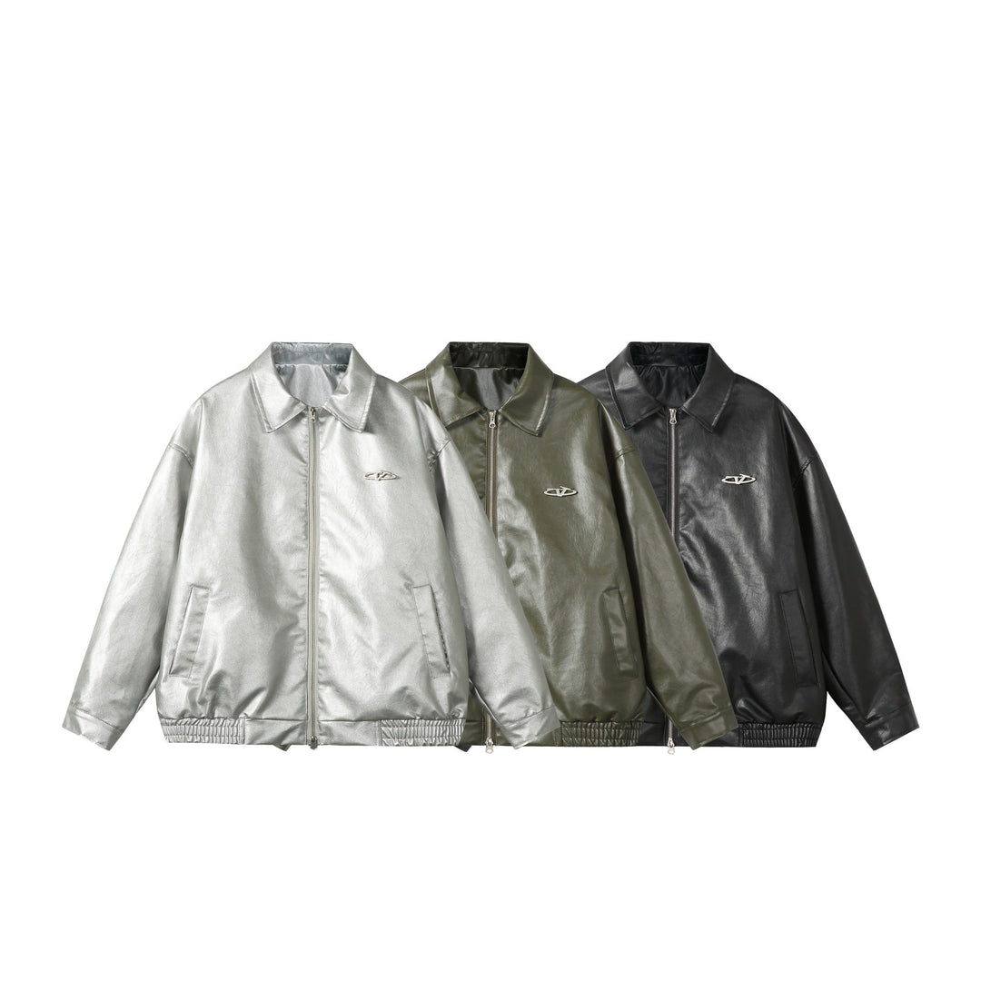 Dam Oversized Smooth Läder Look Blouson Jacka med Elastic Fåll och Metal Logo