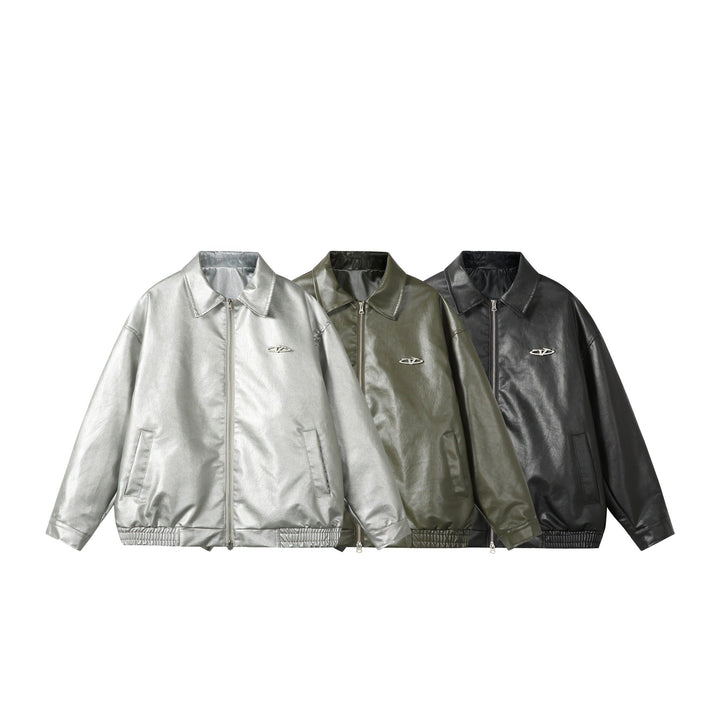 Dam Oversized Smooth Läder Look Blouson Jacka med Elastic Fåll och Metal Logo