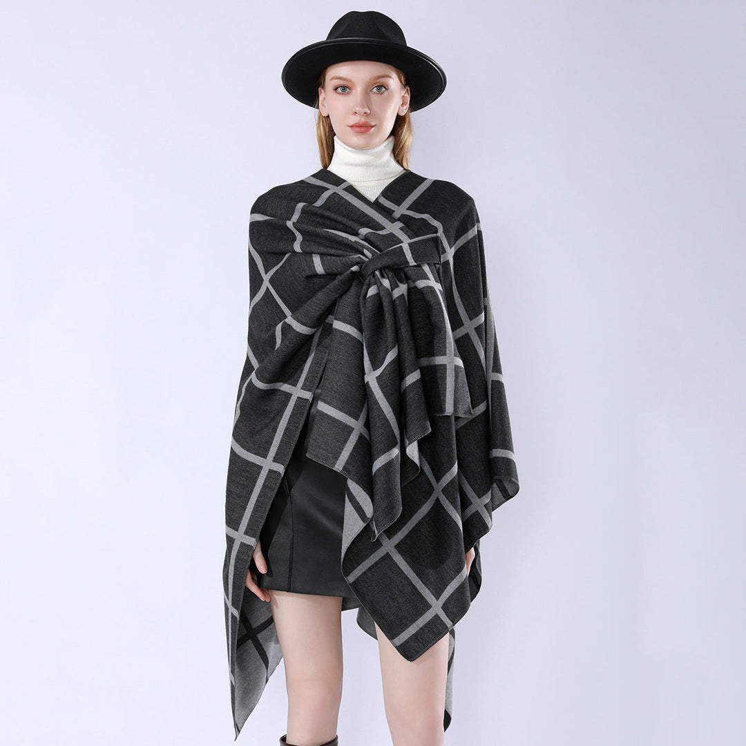 Dam Oversize ullblandning poncho med bälte och Check mönster