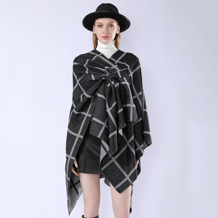 Dam Oversize ullblandning poncho med bälte och Check mönster