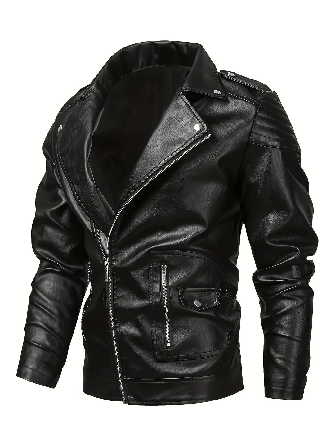 Herr Asymmetrical Biker Jacka Tillverkad av Konstläder med Quiltad Axel Padding och Utility Fickor