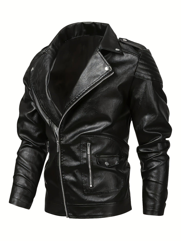 Herr Asymmetrical Biker Jacka Tillverkad av Konstläder med Quiltad Axel Padding och Utility Fickor