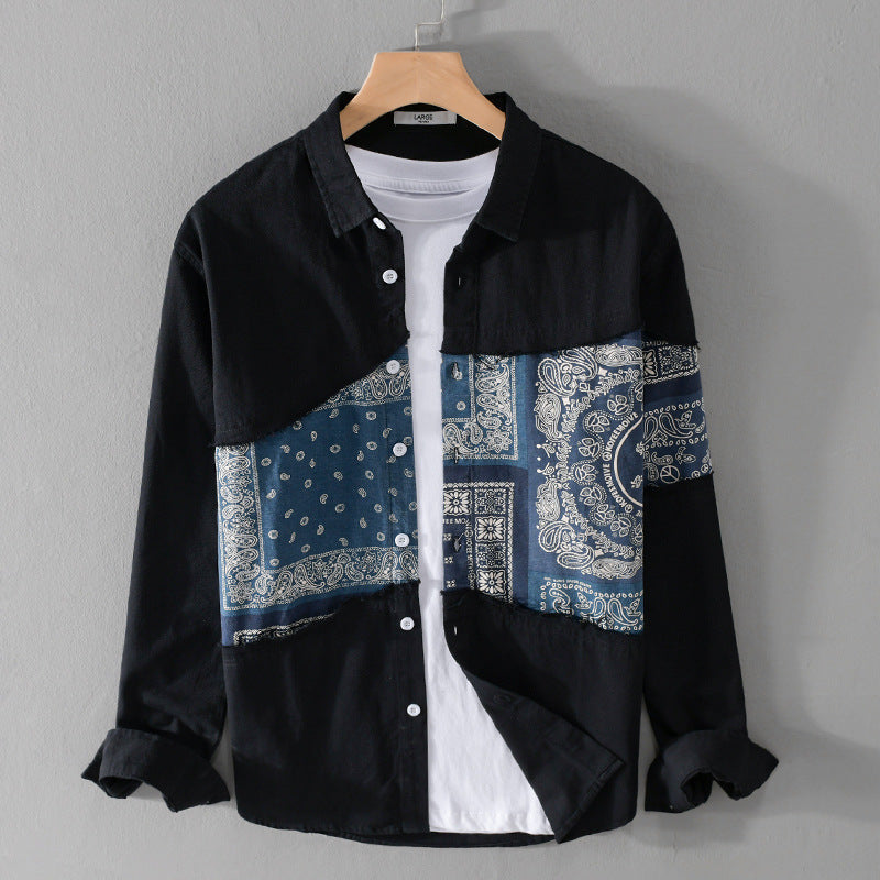 Herr Patchwork Skjortjacka med Bandana Insert, Raw Edges och Lös Passform