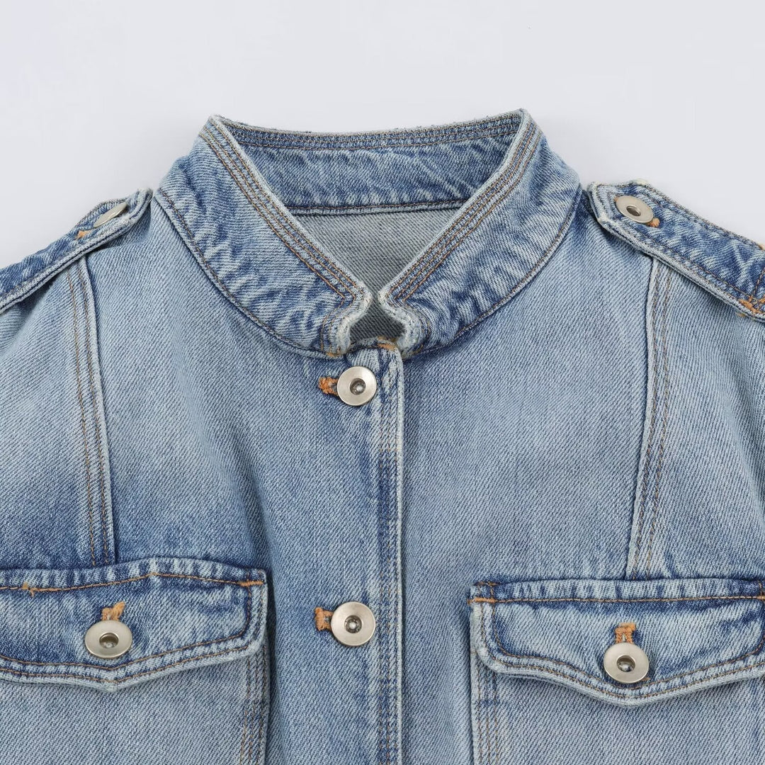 Dam Utility Denimjacka med Stå Krage, Lock Fickor och Epaulettes