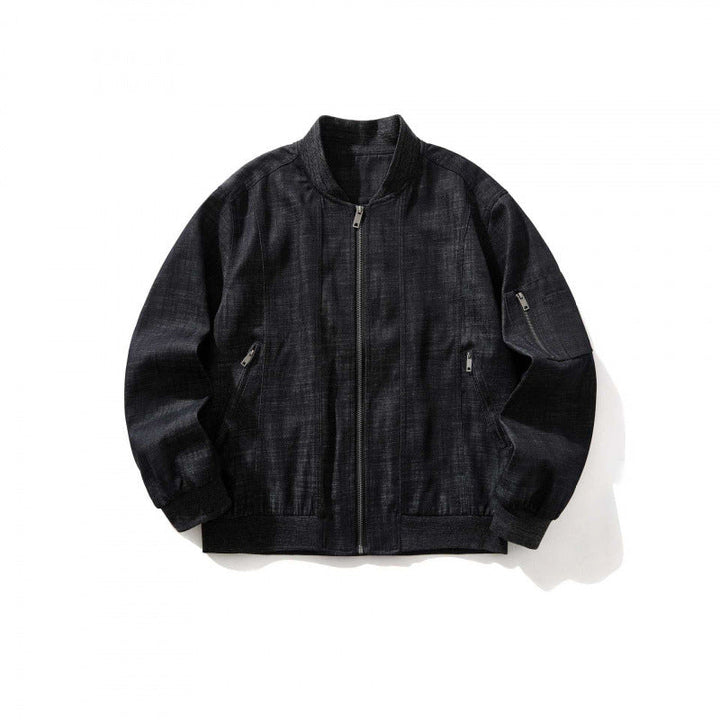 Herr cropped boxig denim bomberjacka med dragkedja, insats fickor, och ärm dragkedja
