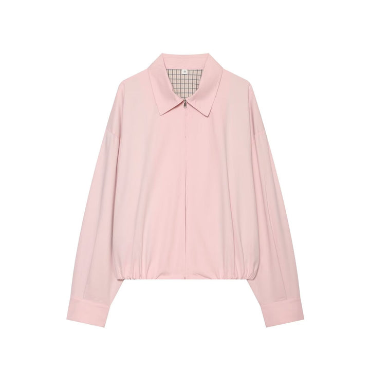 Dam Lätt Kort Blouson med Skjort Krage, Dold Dragkedja och Elastic Nederkant