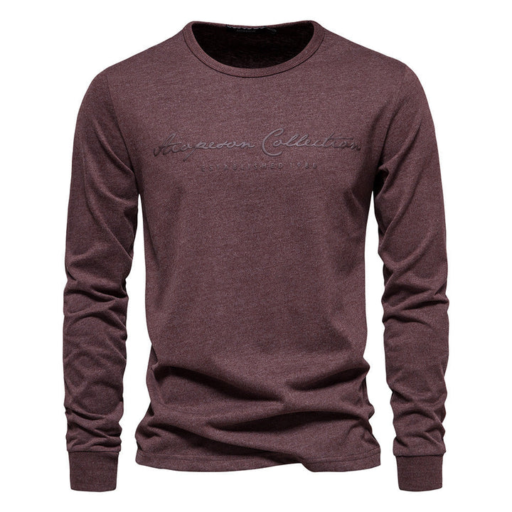 Herr Nano Minimalistisk Round Neck College-Tröja Gjord av Bomullsblandning med Ribbstickade Muddar