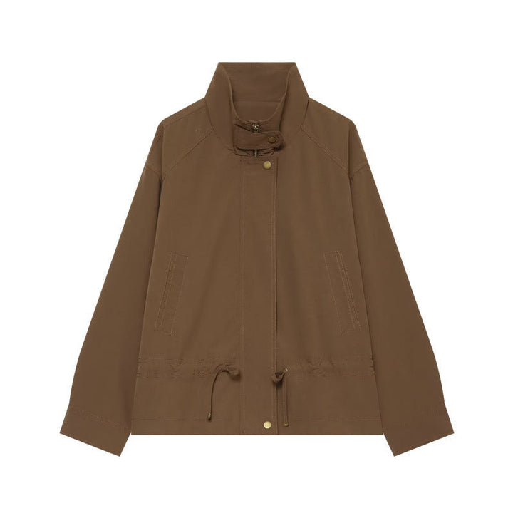 Dam Lätt Fältjacka med Stå Krage, Drawstring Waist och Dold Tryckknapp Knäppning