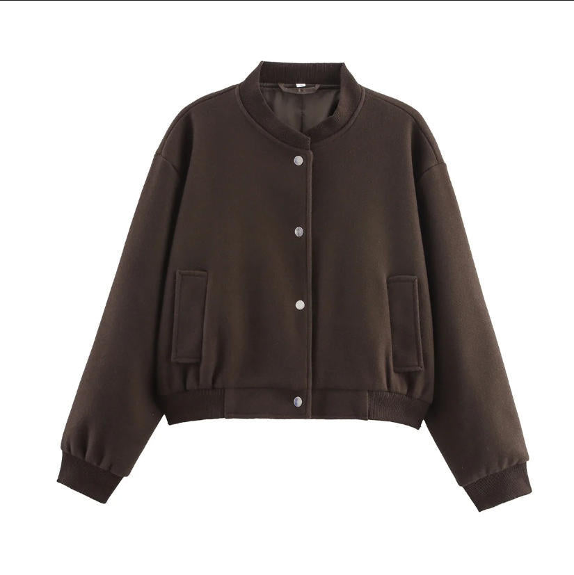 Dam 70+ Kort Ull Blend Blouson Jacka med Dragkedja, Skjort Krage och Lock Fickor