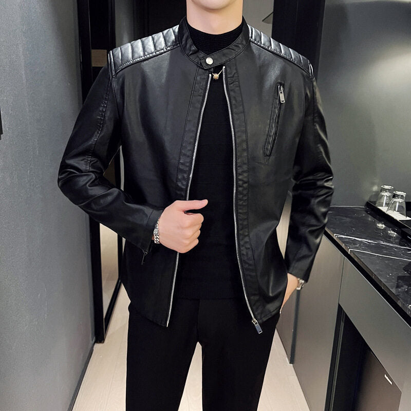 Herr Elegant Läderjacka med Ståkrage