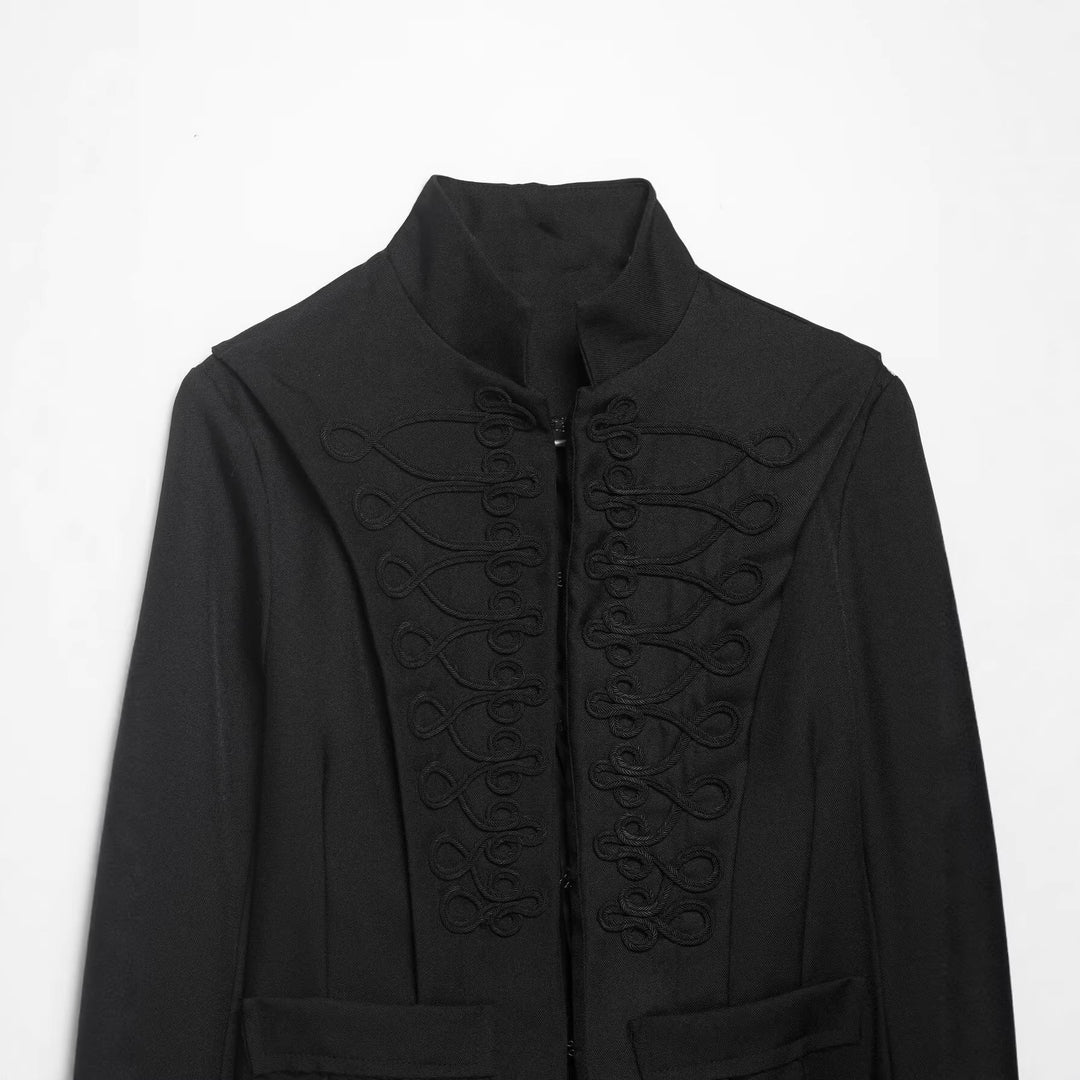 Dam Kort Military Blazer med Stå Krage, Dekorativ Loops och Fringed Nederkant