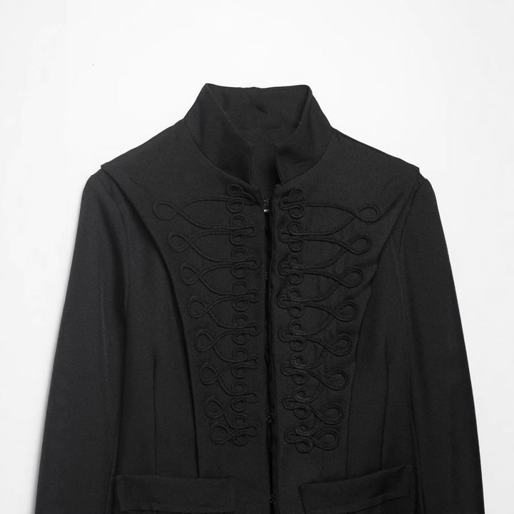 Dam Kort Military Blazer med Stå Krage, Dekorativ Loops och Fringed Nederkant