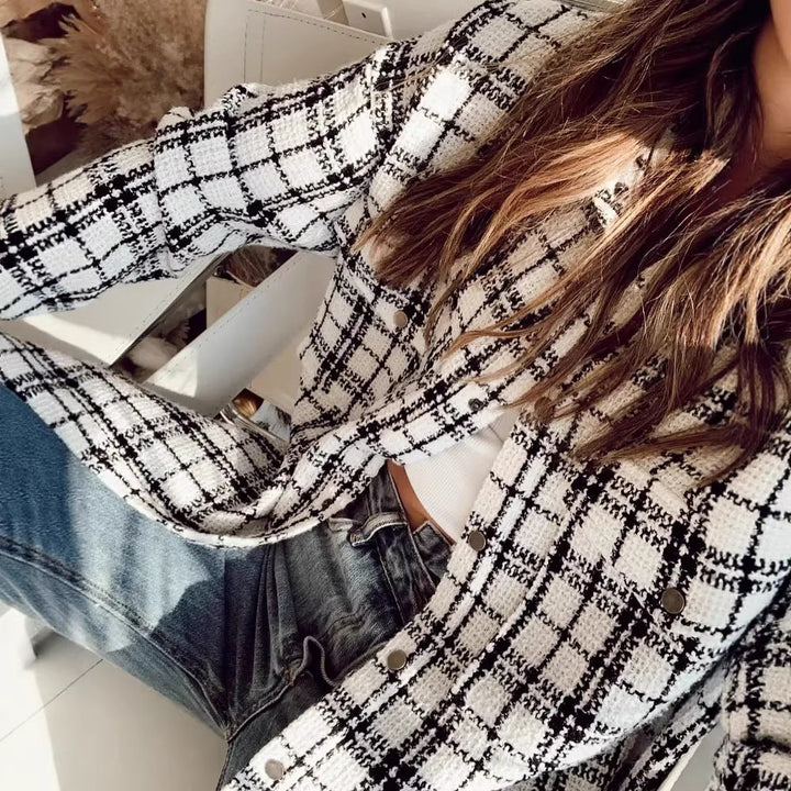 Dam oversize tweed skjortjacka med bröstfickor och Frayed fåll